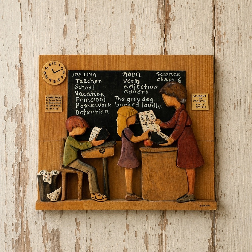 Lorna Handcrafted 3D Wood Relief Wall Art Vintage School Classroom Scene Plaque